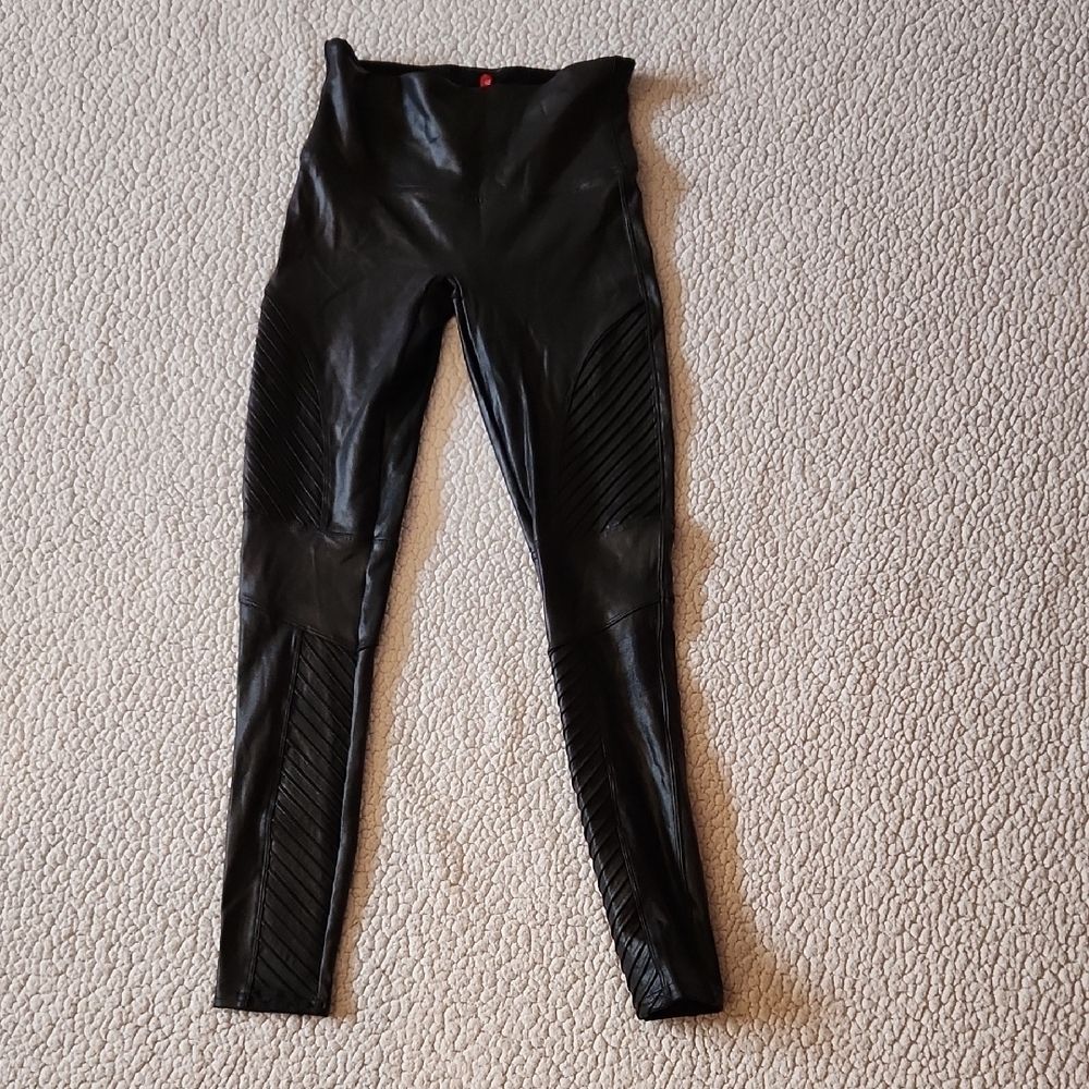 Spanx Pull On High-rise Liquid Faux Leather Moto Leggings In Shimmer Black
